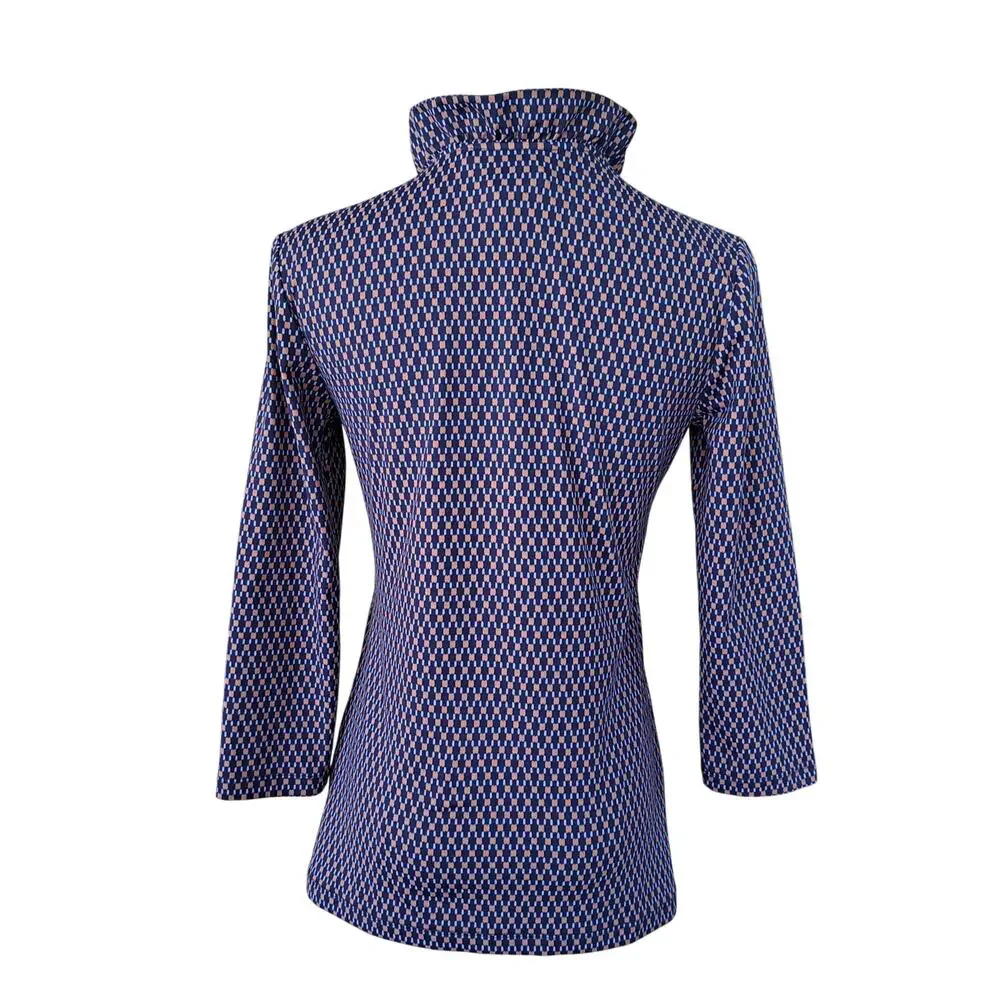 J McLaughlin Durham Ruffle Top Navy Blue Brown Geo Print XS Preppy 3/4 Sleeve